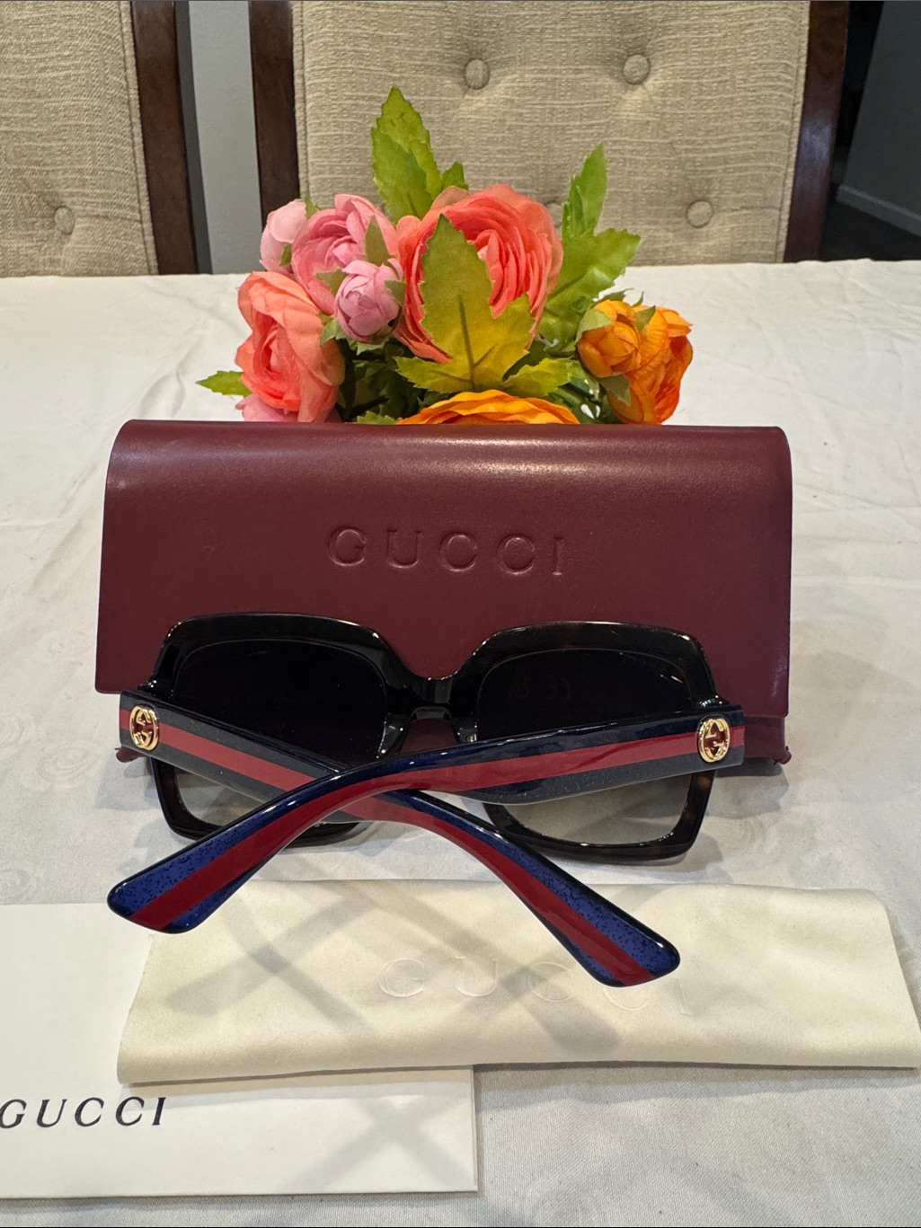 Authentic Gucci Black Square Sunglasses With Red & Blue Temple Stripes